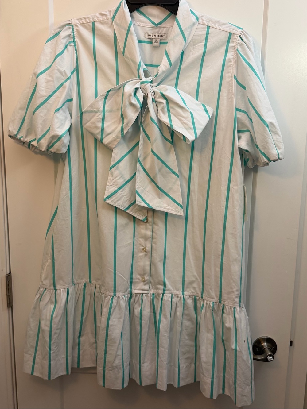 Striped Bow Tie Ruffle Hem mini Dress - White & Teal